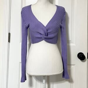 Lavender Ribbed Twist Front Crop Top Y2K Balletcore V Neck Long Sleeve Soft Girl